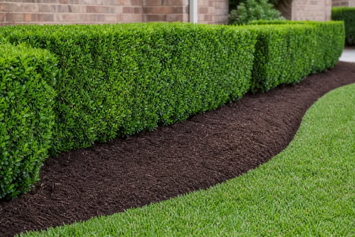 Freshly trimmed hedges and a clean flower bed